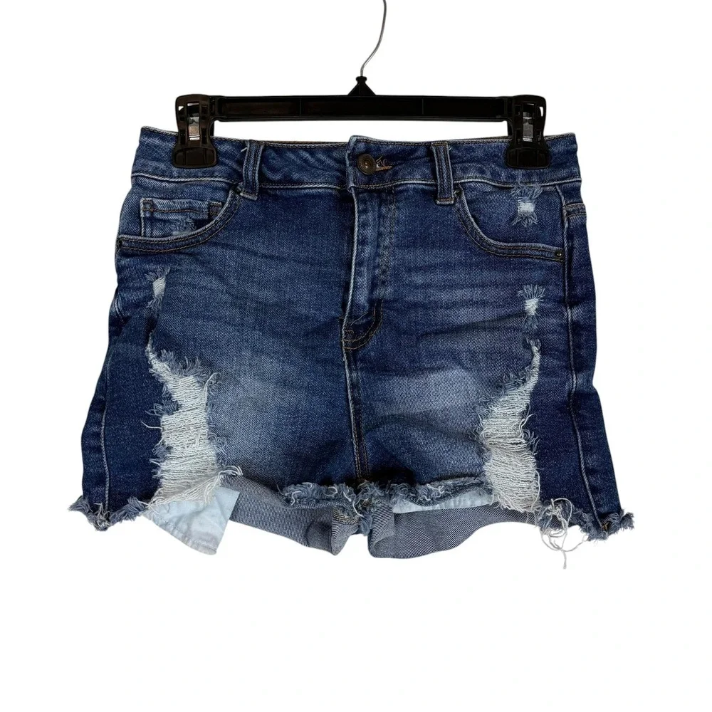 Wax Jean Shorts Womens M Blue Distressed Cutoff Denim Frayed Raw Hem Stretch‎